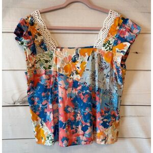 Cupio Blush Floral Patchwork Crochet Trim Ruffle Sleeve Top Large L Blue Orange